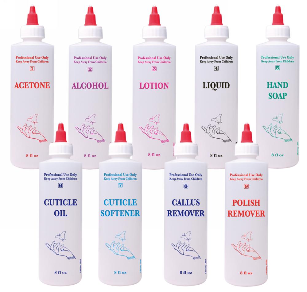 Empty Plastic Bottle With Label (Alcohol,Acetone,Cuticle Oil, Cuticle Remover)